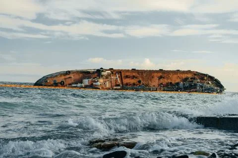 Small tanker DELFI which crashed off the coast of Odessa beach Stock Photos