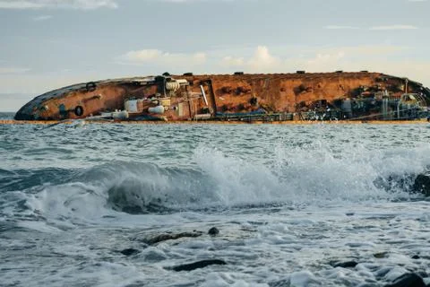 Small tanker DELFI which crashed off the coast of Odessa beach Stock Photos