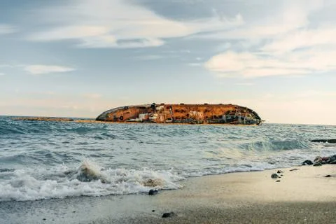Small tanker DELFI which crashed off the coast of Odessa beach Stock Photos