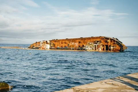 Small tanker DELFI which crashed off the coast of Odessa beach Stock Photos