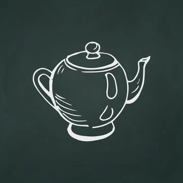 Small teapot with tea thin white lines on a textural dark background - Vector Stock Illustration