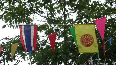 The Small Thai Buddhist Flag and the Small Thai Flag. Stock Footage 140390365