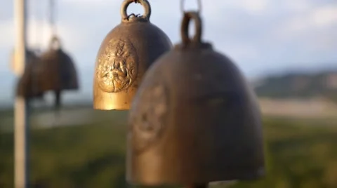 Small Thai Style Bell Hanging in Temple at Sunset Video stock 46189196