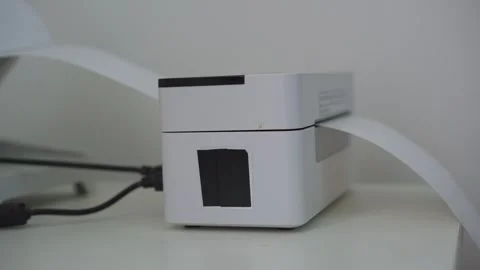 A small thermal printer printing on a table, with paper feed movement and. Stockbeeldmateriaal 347740790