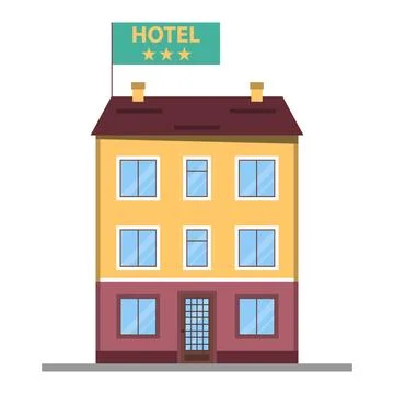 Small three star hotel building flat icon with green flag isolated on white Stock Illustration