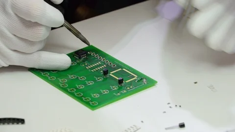 Small tiny capacitors being put up on the circuit board Stock Footage 100169582