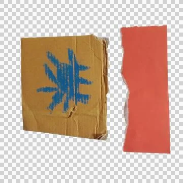 Small torn cardboard box piece and a strip of red paper isolated on a trans.. 스톡 사진