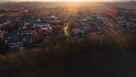 Small Town Aerial View at Sunset, Lift Up View Stock Footage 83361879