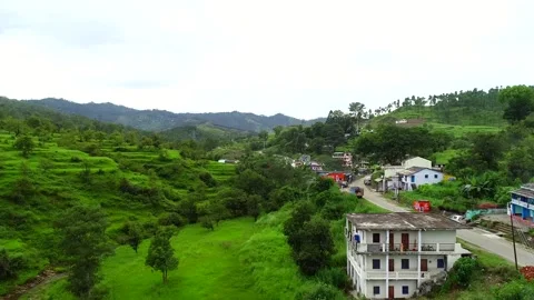 Small town and beautiful view new road in uttrakhand near Almora Stock Footage 221399444
