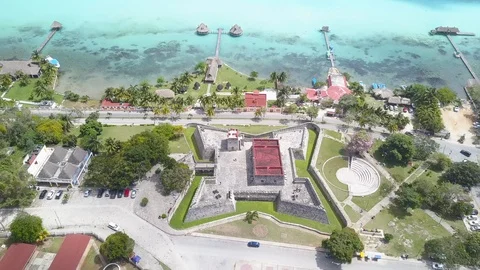 Small Town of Bacalar, Mexico by Drone. Fortress of San Felipe and Blue Lagoon Stock Footage 89851626