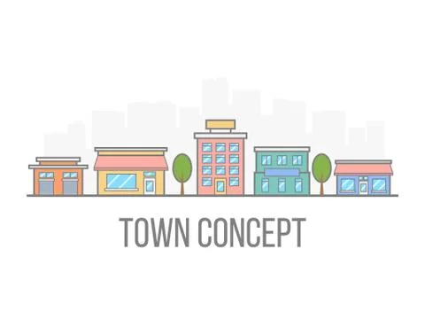 Small town concept. Linear color cityscape. Street with hotel, garage Stock-Illustration