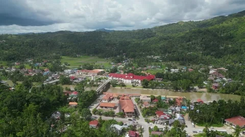 Small town is divided into two banks by means of river, which are connected by Stock Footage 233230496