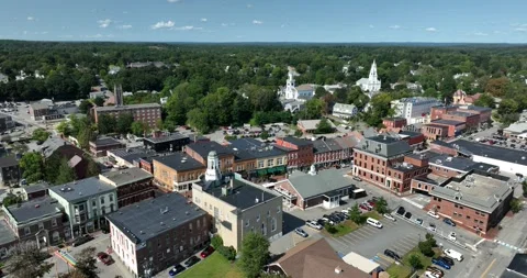 Small Town Downtown Stores and Shops Drone Aerial View Bath Maine USA Stock Footage 335795049