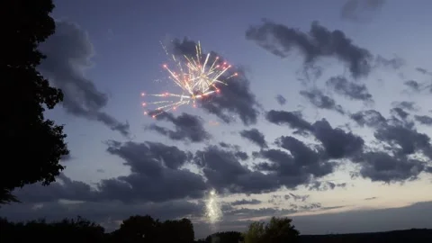 Small Town Fireworks Dusk 4th of July Finale 4K HDR Stock Footage 250367197