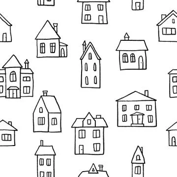 Small town homes vector illustration - seamless doodle pattern. Ilustración de archivo