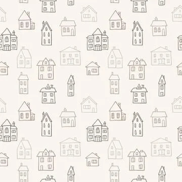 Small town homes vector illustration - seamless doodle pattern. Stock Illustration
