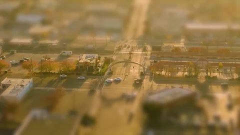 Small Town intersection Hyperlapse tilt shift effect at Sunset Video stock 144648742