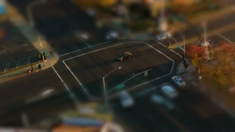 Small Town intersection Hyperlapse tilt shift effect at Sunset Video stock 144649044