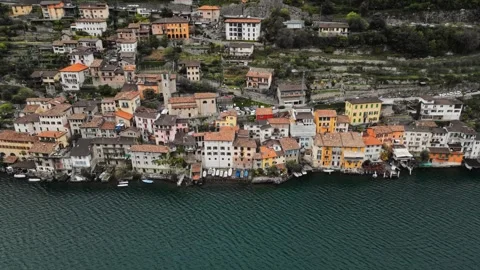 A small town on a mountain. An old town on a cliff. Italy. Switzerland. Lake Stock Footage 261060055
