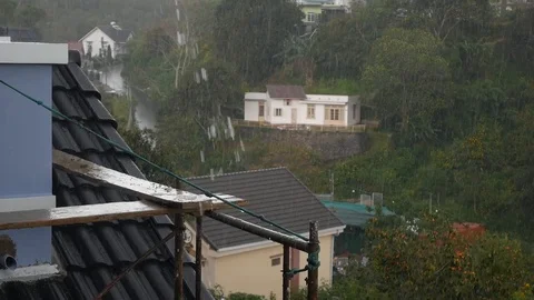 Small town in mountains under heavy rain with typhoon and monsoon. Stormy rainy Stock Footage 119463872