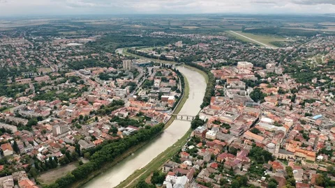 Small town or city river, aerial summer view, Uzhgorod Transcarpathia Ukraine Stock Footage 113855718