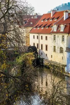 A small town with a river running through it in Prague Czech Republic Stock Photos