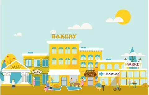 Small town with small and medium business. Stock Illustration