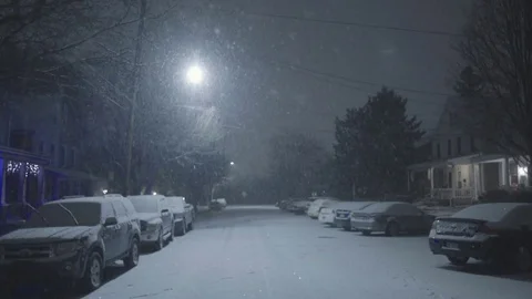 Small Town Snow Fall Nighttime Stock Footage