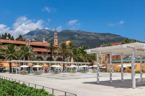 Small town square of Menton. Stock Photos