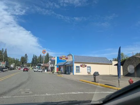 Small-town storefronts including “Monkey Business” Stock Photos