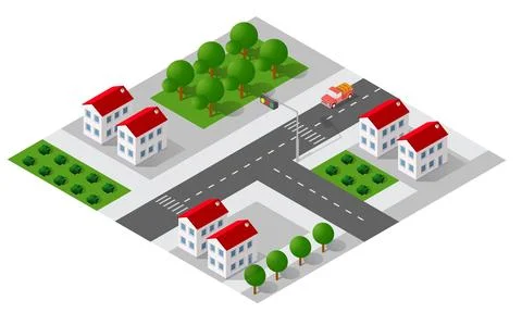 A small town surrounded by trees and a road, flat, isometric map Illustrazione stock