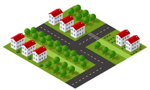 A small town surrounded by trees and a road, flat, isometric map Illustrazione stock