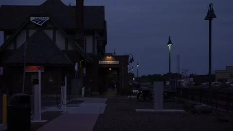 Small town train station in Flagstaff, AZ at dusk Stock Footage 243567095