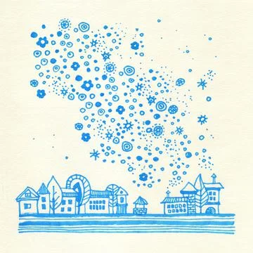 Small town under snowfall postcard. Winter illustration hand drawn graphic Stock Illustration