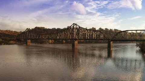 Small Town USA Train Bridge Aerial Stock Footage 99001759