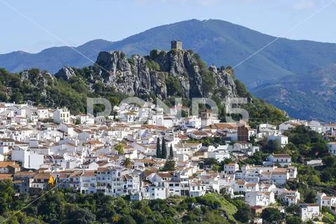 A small town in the Valle del Genal with white houses,Algatocin, Malaga, Spain Stock Photos