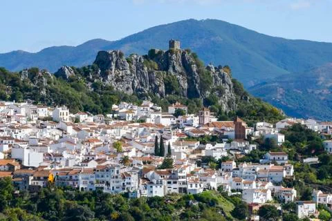 A small town in the Valle del Genal with white houses,Algatocin, Malaga, Spain Stock Photos