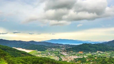 Small town in the valley at dawn, Stock Footage 139859928