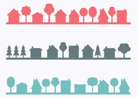 Small town vector silhouettes with blank copy space. Village illustration. Stock Illustration