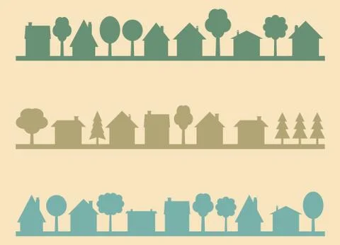 Small town vector silhouettes with blank copy space. Village illustration. Stock Illustration