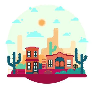 Small town in the wild west - vector cartoon illustration in flat stile Stock Illustration