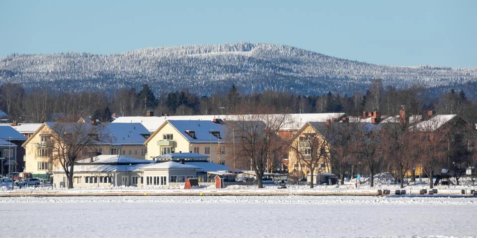 Small town in winter in the snow, in Mora (Dalarna) Sweden Stock Photos