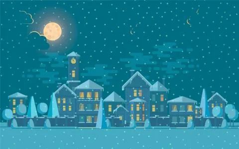 Small town in winter. Vector illustration of cute tower under snowfall at nig Illustrazione stock
