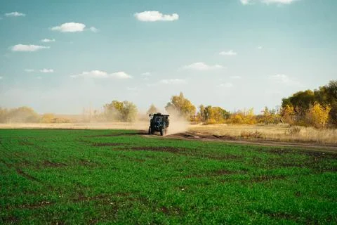 A small tractor with a trailer drives through a green overgrown field Stock Photos