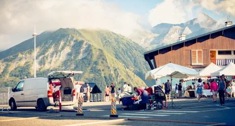 Small traders sell sheep cheese to tourists in Saint Lary Soulan Stock Photos
