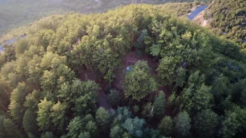 Small traditional cabin in pine clearing near mountain highway during dusk Stock Footage 325221582