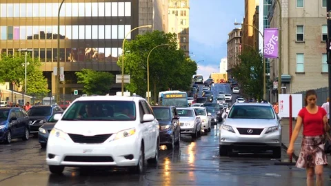 Small Traffic Jam on Boulevard St-Laurent Next to China Town Downtown Stock Footage 79427513