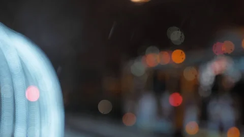 Small train rolls small children, evening rides, Christmas lights Stock Footage 100370653