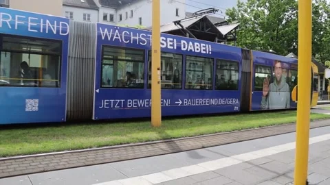 Small tram in a town called Gera (For Editorial Use)   스톡 동영상 240950653