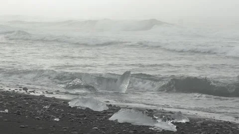 Small Translucent Ice Chunk on Black Sand Diamond Beach in Iceland Stock Footage 339952723